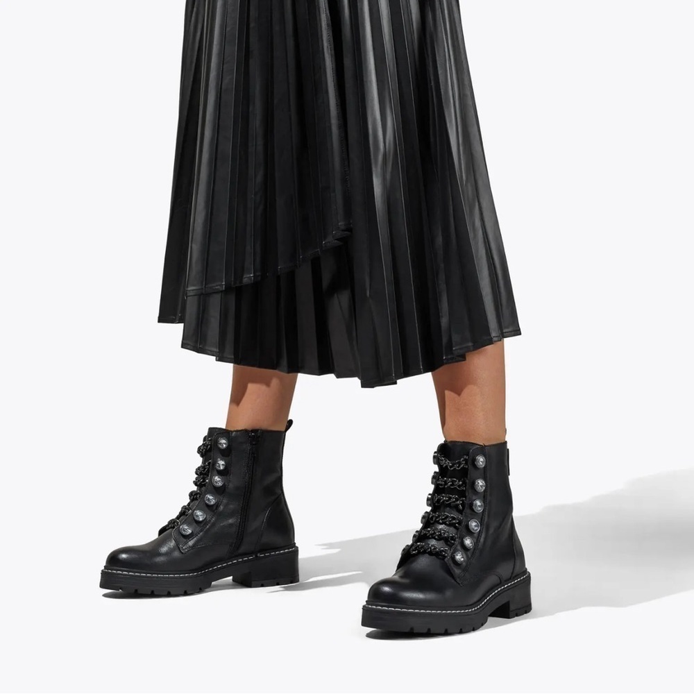 KURT GEIGER BAX BLACK LEATHER CHAIN CRYSTAL MOTO TREADED BOOTS